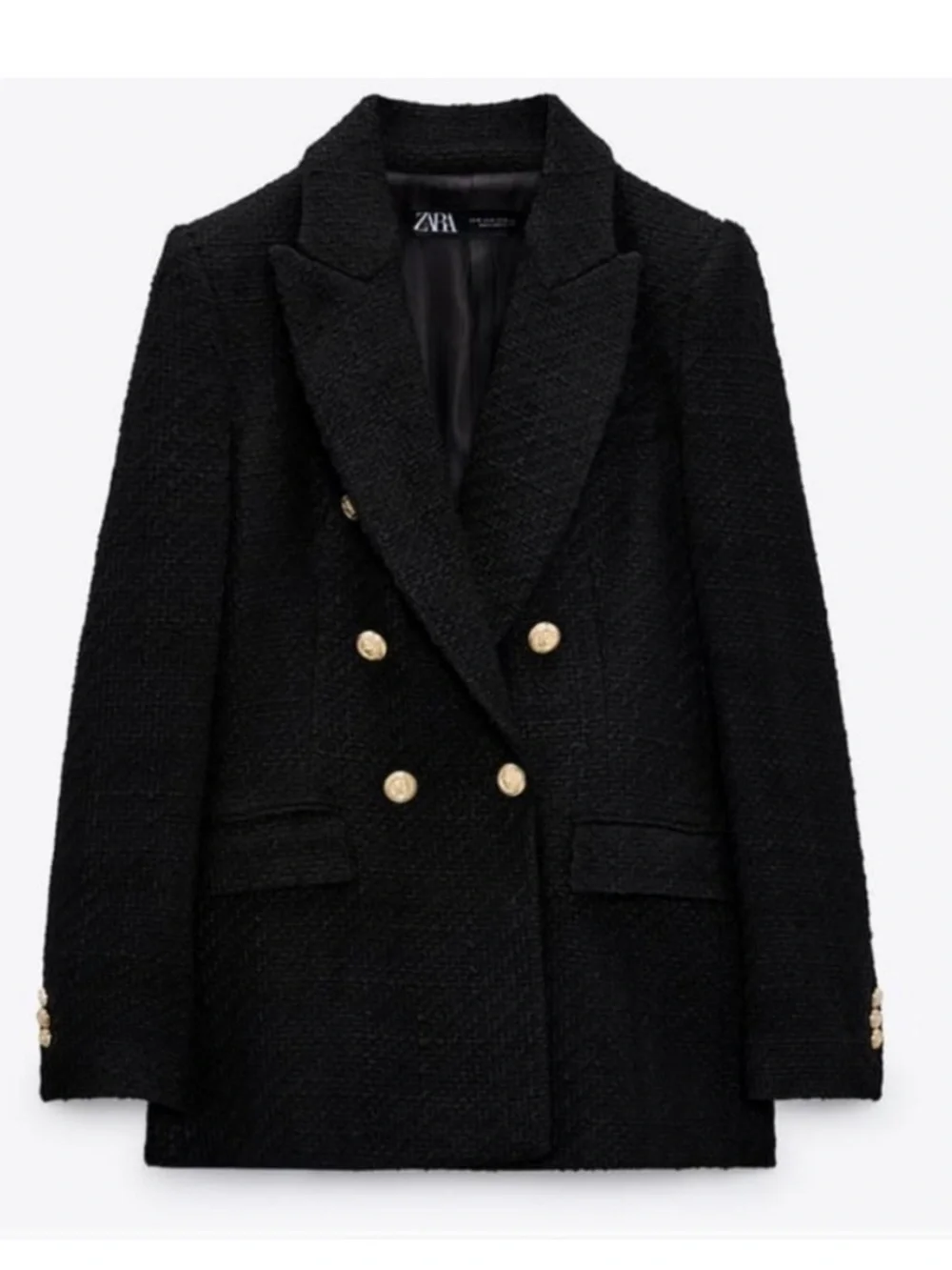 ZARA Tweed Textured Weave Double Breasted Blazer Black Gold Buttons Size Small